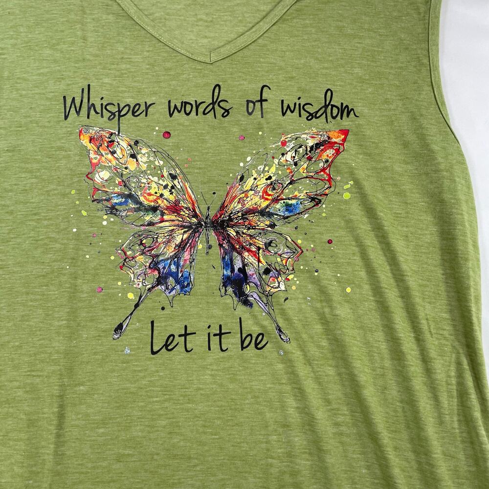 Butterfly Whisper Tank Green Large Women's Sleeveless V-Neck Graphic Tee - Picture 3 of 7